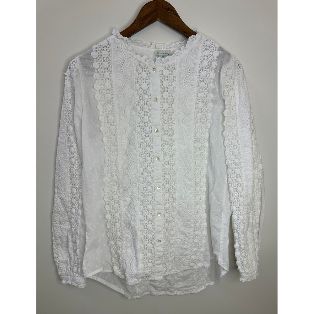 Sundance Embroidered Eyelet White Cotton Button Front Top Medium Intricat Floral - Picture 2 of 12